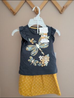 Shabby Chic Girls' Navy Dragonfly Tank Dress with Mustard Skirt